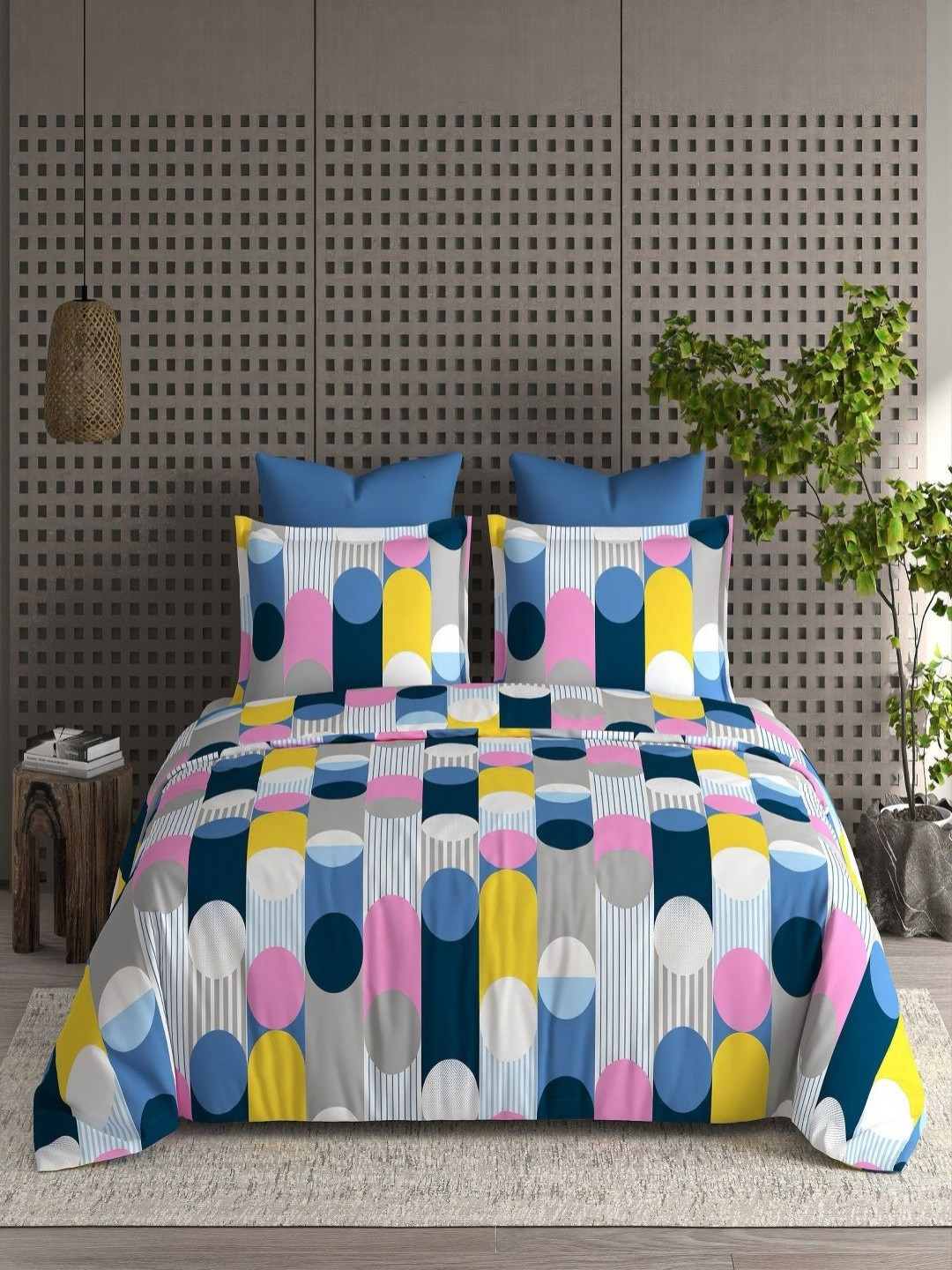 CHICERY Ultra Soft White Geometric Cotton 210 TC King Fine Bedsheet with 2 Pillow Covers-108 x 108 inches