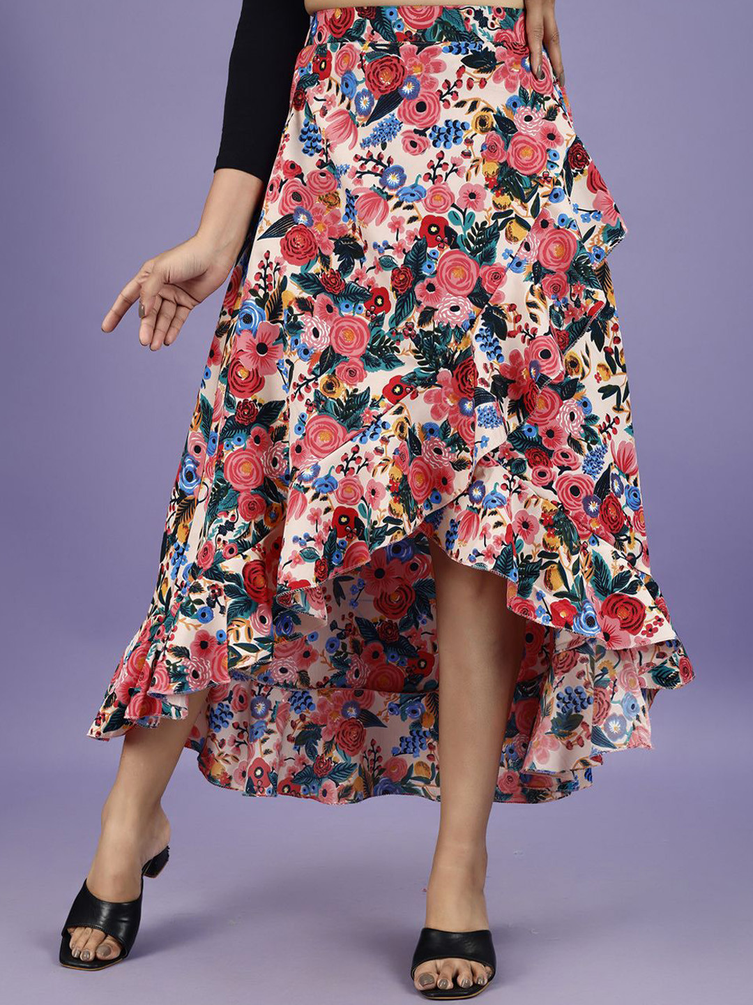 ZWERLON Floral Printed Ruffle Wrap Maxi Skirt