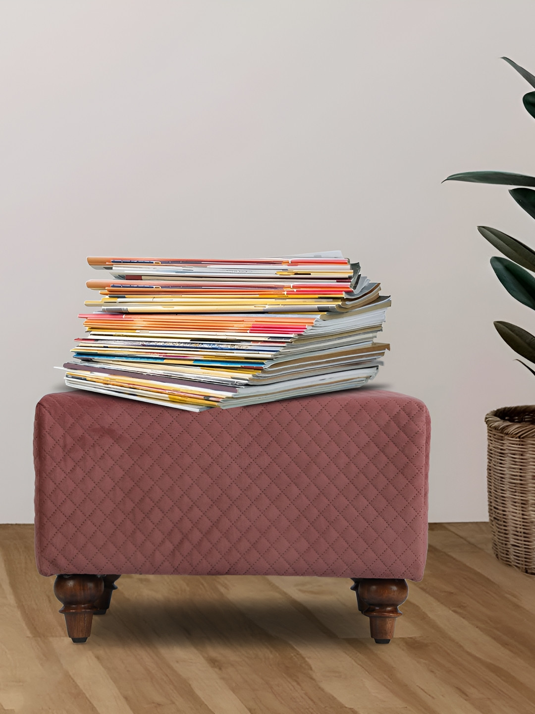 GLOBALLY INDIAN Champagne Wooden Velvet Square Ottomans