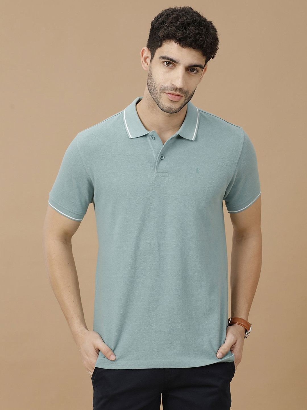 CAVALLO by Linen Club Men Polo Collar Linen Blend Slim Fit T-shirt