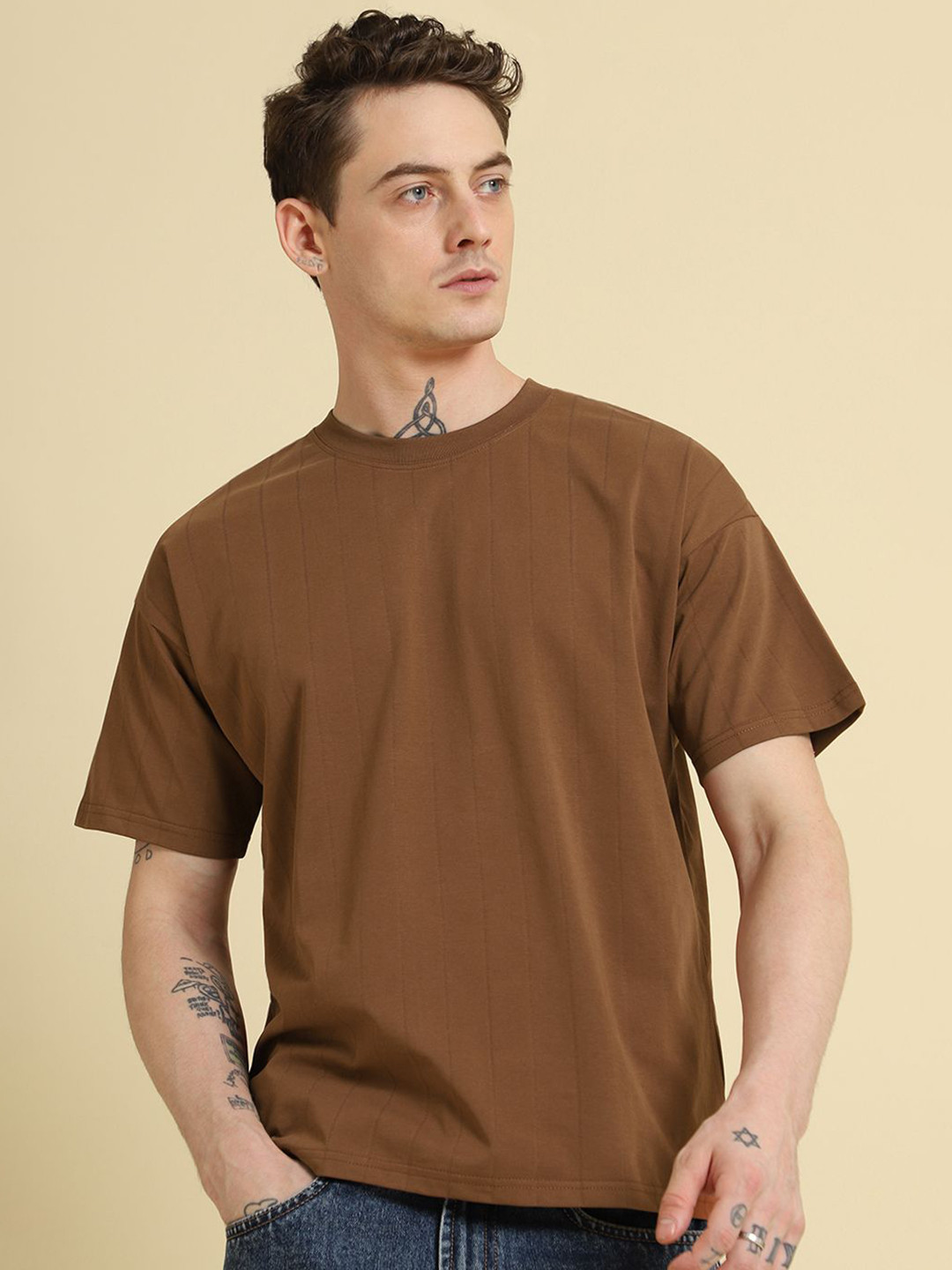 Banana Club Men Striped Self Design T-shirt
