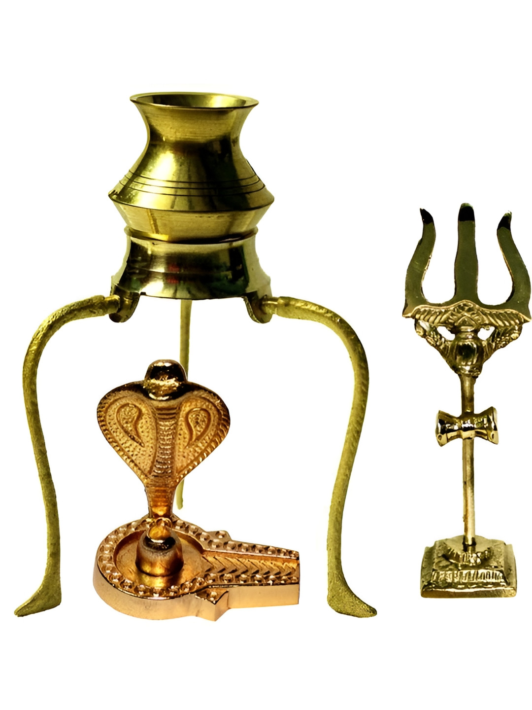 Navyaksh Shivling with Sheshnaag Or Tripai and Kalash Trishul Gold Metal Metallic Prayer Room Hand Made Set of 4 Small Showpieces - 3.1 Inches