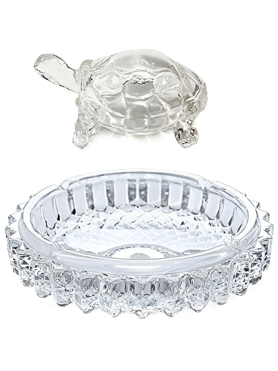 Navyaksh Turtle with Plate White Glass Glossy Prayer Room Set of 2 Small Showpieces - 3.1 Inches
