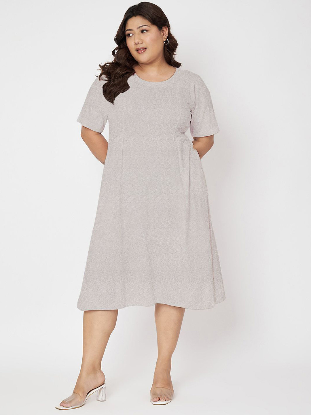 BRINNS Solid Plus Size Cotton A-Line Midi Dress