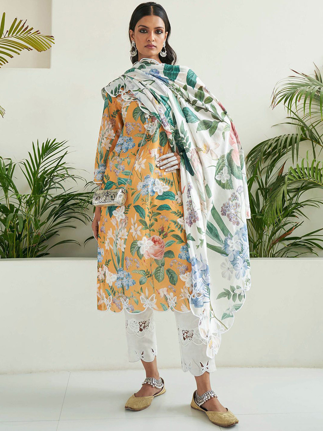 Sage Saga Floral Printed Pure Cotton  i Style Kurta With Trouser & Dupatta