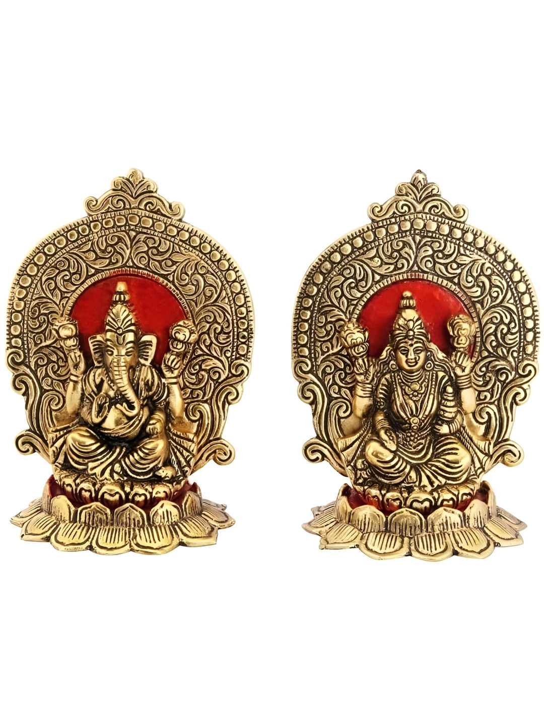 Navyaksh Lakshmi Ganesh Seated On Lotus Gold Metal Metallic Prayer Room Set of 2 Small Showpieces - 3.1 Inches