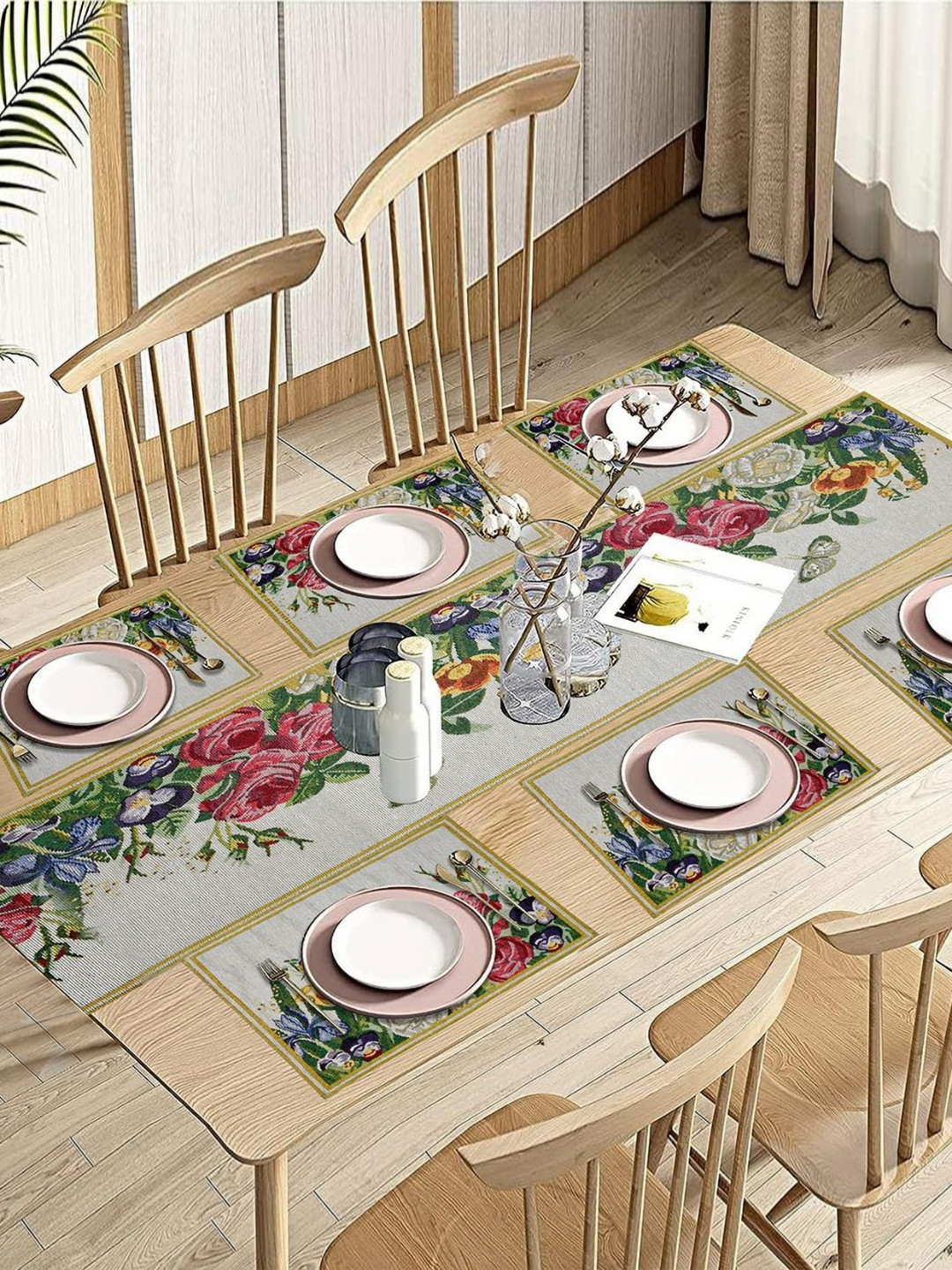 PRAKARTIK Set of 7 Yellow & Pink Printed Cotton Dining Table Linen Set