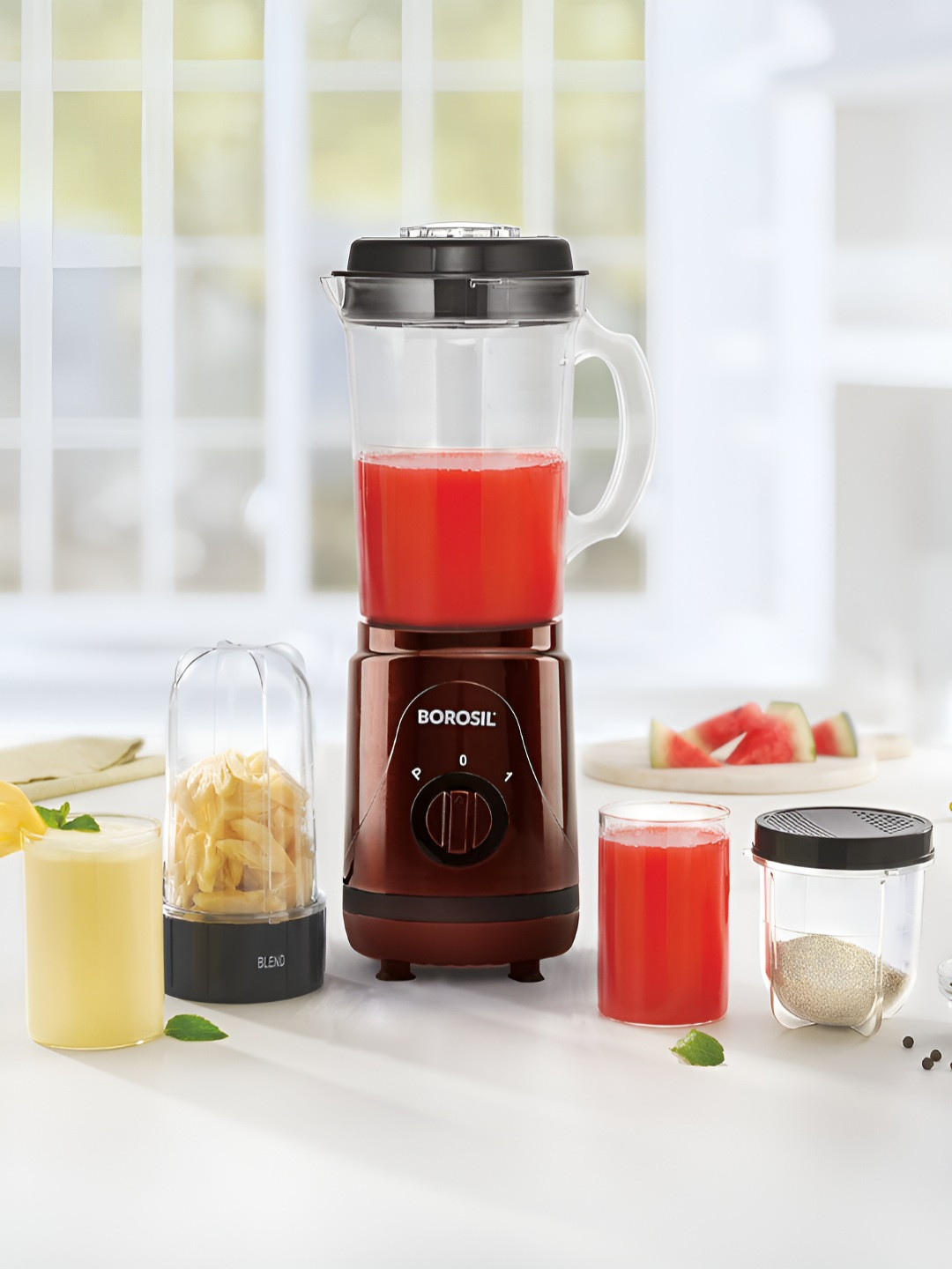 Borosil Nutrifresh NB05 Maroon Plastic Portable 3 Jars Wet and Dry Grinder-400W