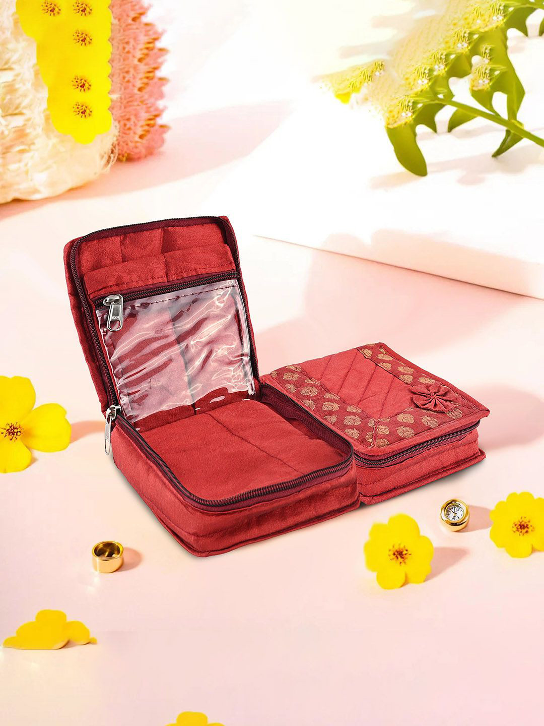 Kuber Industries Maroon & Gold Toned 2 Pieces Printed Wardrobe Jewellery Organisers