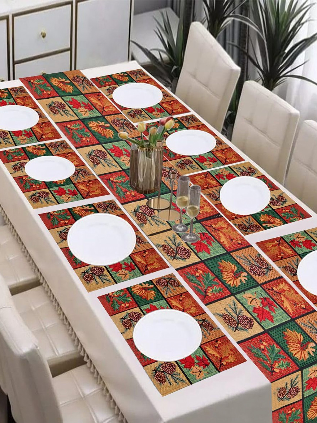 PRAKARTIK Set Of 9 Green & Red Printed Table Linen Sets