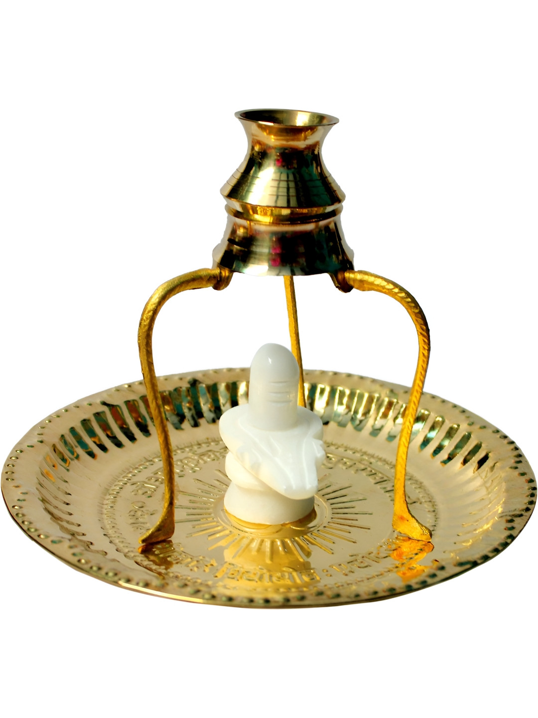 Navyaksh Shivling with Plate, Kalash with Stand Gold Brass Metallic Prayer Room Set of 4 Small Showpieces - 3.1 Inches