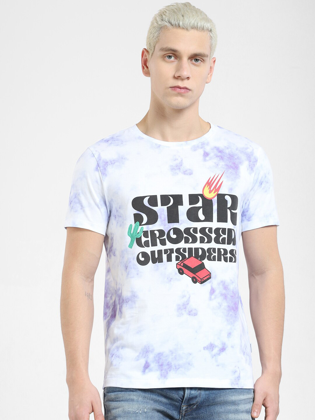 Jack & Jones Men Tie & Dyed Comic Print Detail Cotton T-shirt