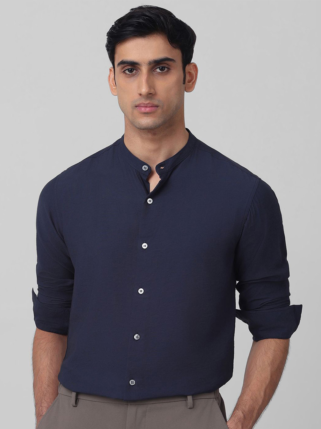 Mufti Men Band Collar Solid Slim Fit Casual Shirt