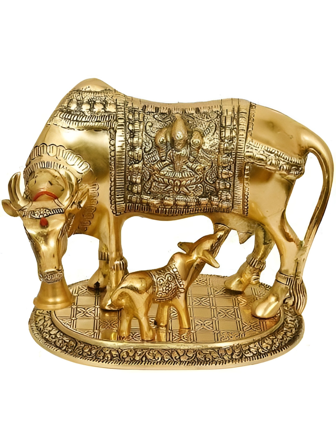 Navyaksh Kamdhenu Cow with Calf Gold Brass Metallic Prayer Room Hand Made Small Showpiece - 3.1 Inches