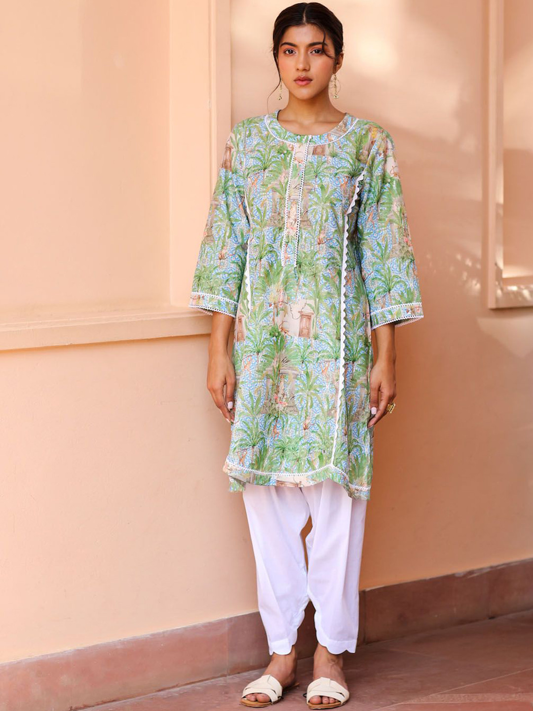 Sage Saga Floral Printed Regular Pure Cotton A-Line Kurta with Salwar