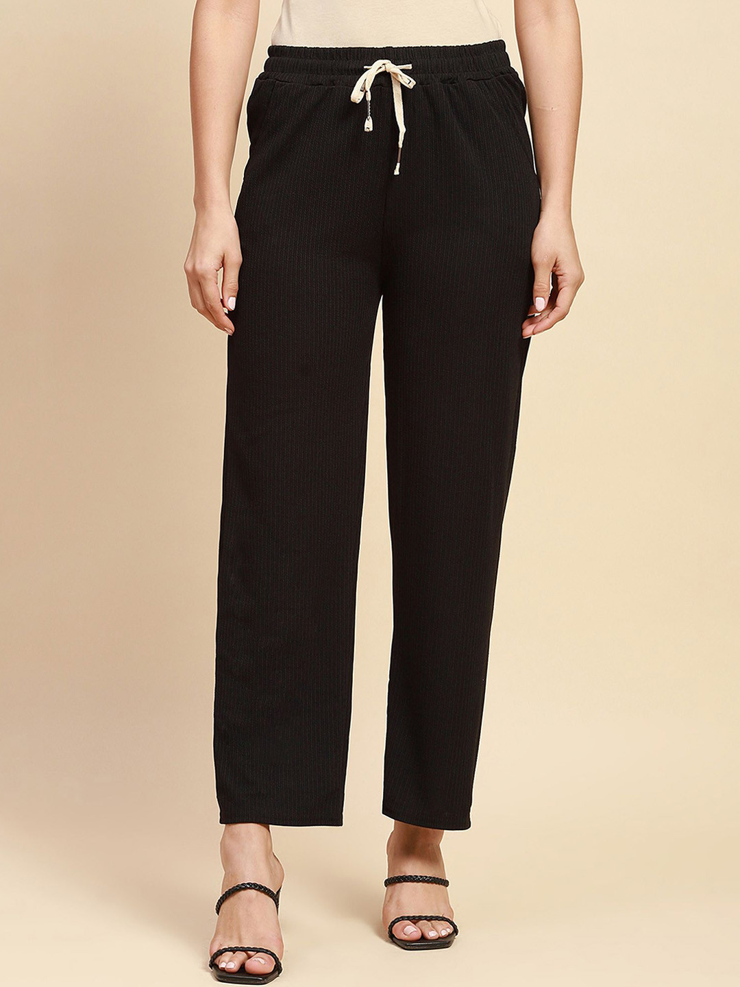 Global Republic Women Relaxed Fit Rib Knitted High Rise Trousers