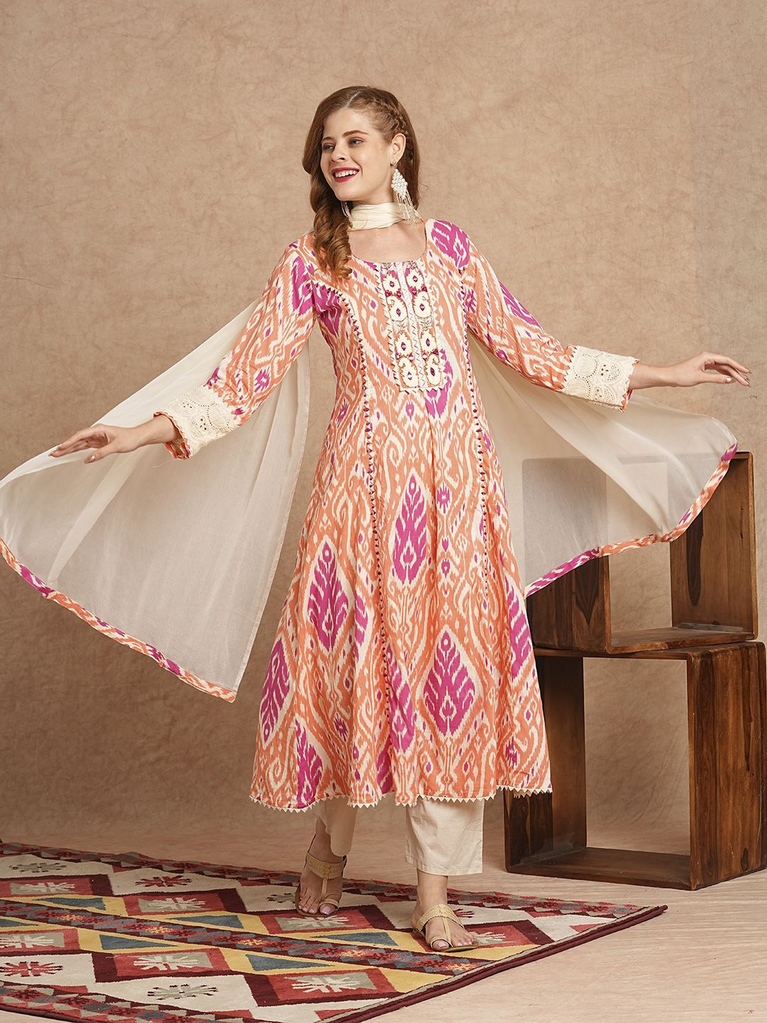 FASHOR Ethnic Motifs Printed Mirror Work Pure Cotton A Line Kurta With Trousers & Dupatta - Kurta Sets for Women 30942808 | Myntra