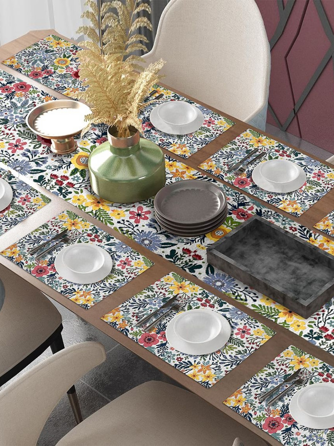 PRAKARTIK Set Of 9 White & Yellow Printed Table Linen Sets