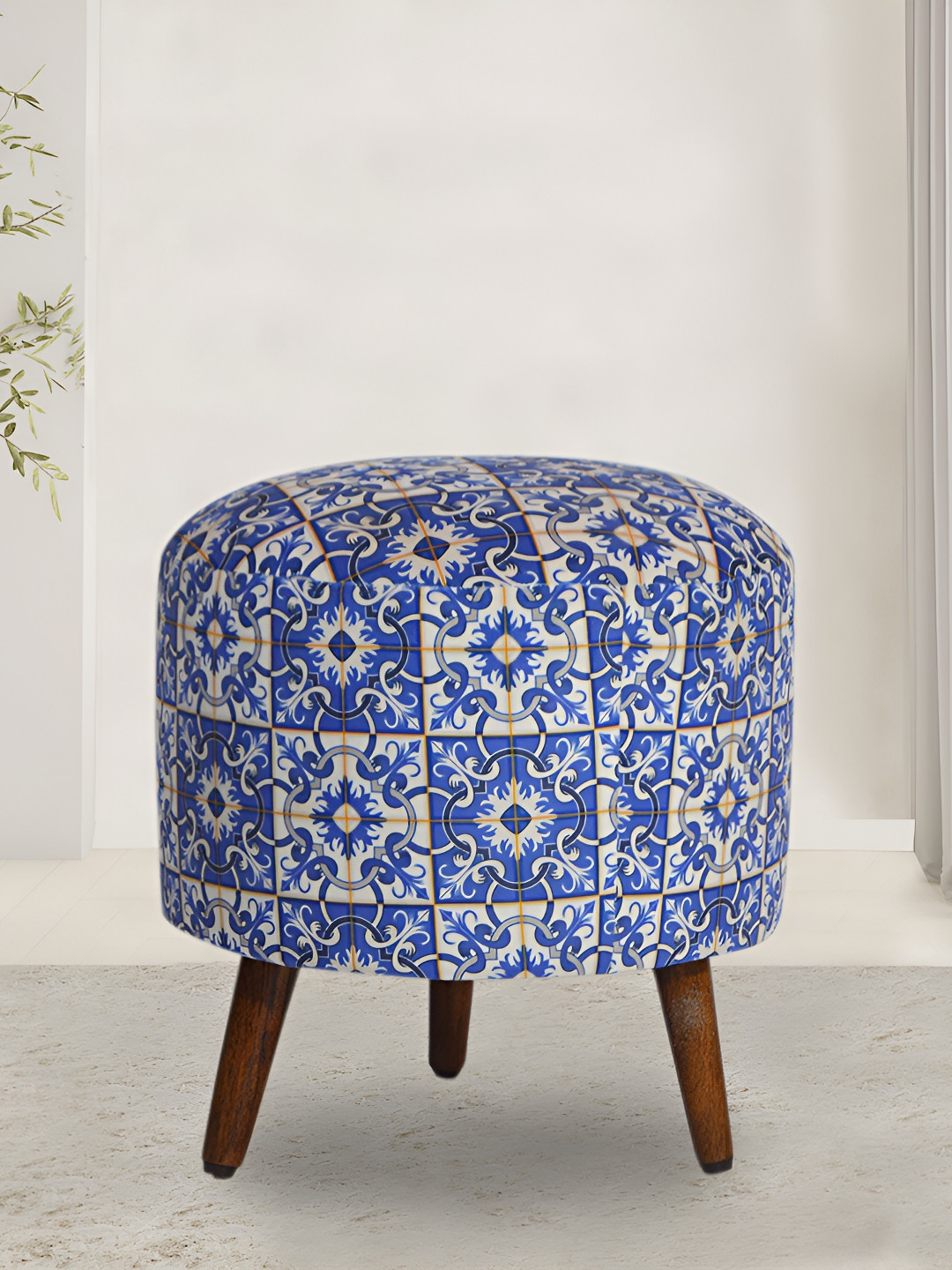 GLOBALLY INDIAN Blue & Beige Printed Wooden Round Puff Ottoman