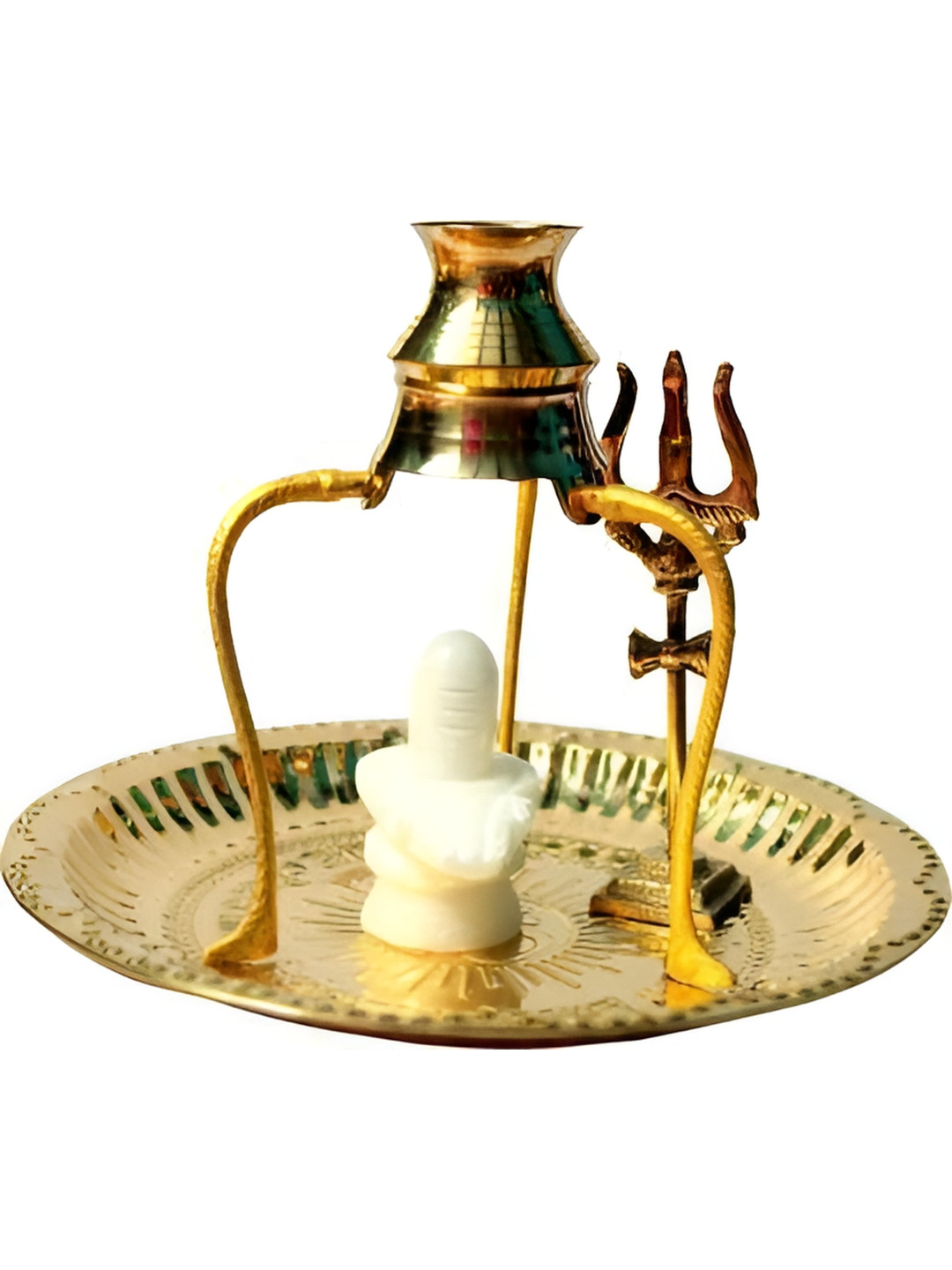 Navyaksh Shivling with Plate, Kalash and Stand/Trishul Gold Brass Metallic Prayer Room Set of 5 Small Showpieces - 3.1 Inches