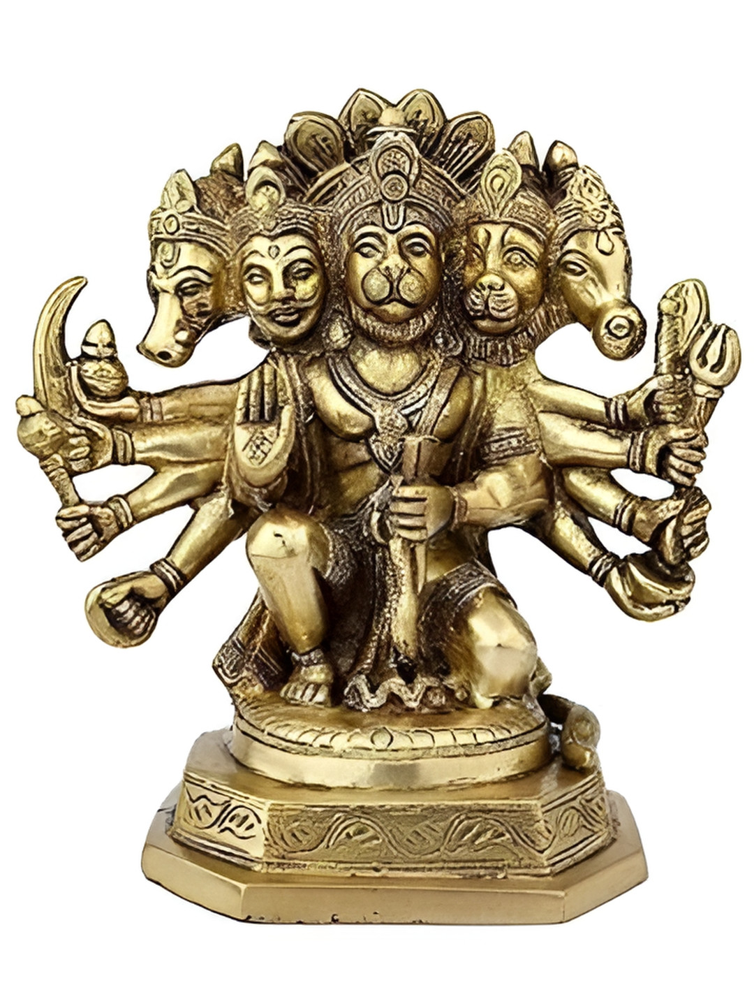 Navyaksh Panchmukhi Sitting Bajrangbali Lord Gold Brass Metallic Prayer Room Small Showpiece - 3.1 Inches