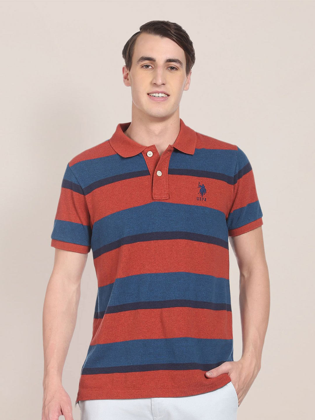 U S Polo Assn Men Red & Blue Striped Polo Collar Slim Fit T-shirt