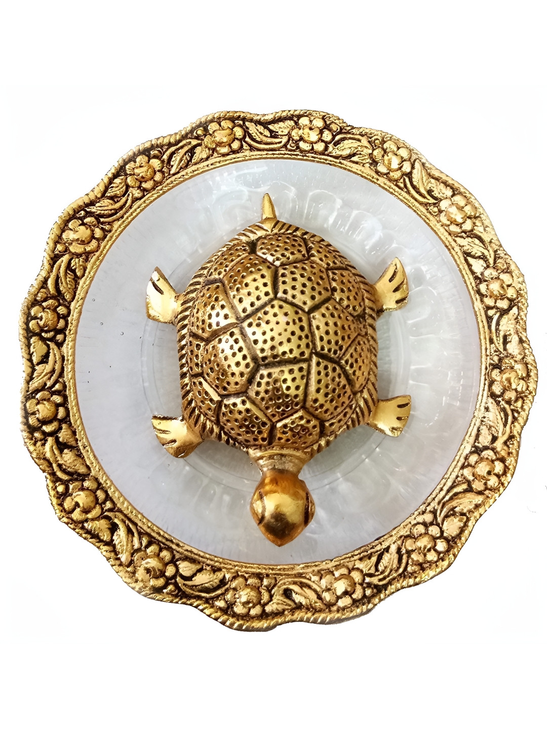 Navyaksh Feng-Shui Tortoise on Plate Gold Glass Glossy Prayer Room Set of 2 Small Showpieces - 3.1 Inches