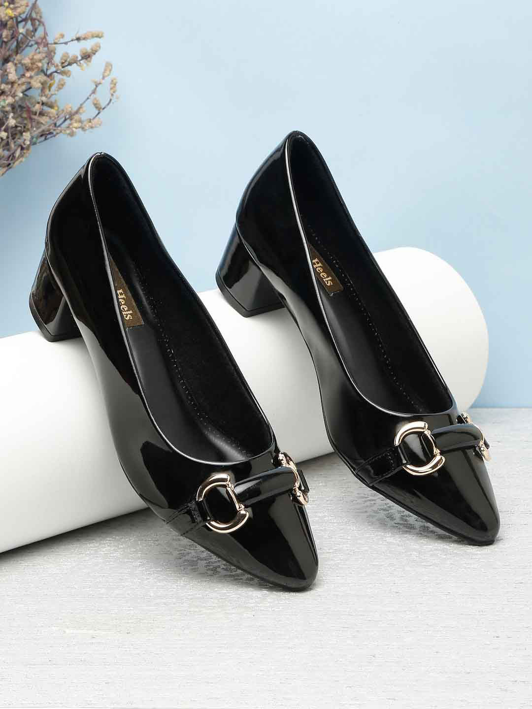 Flat n Heels Solid Synthetic Patent Block Heel Pumps