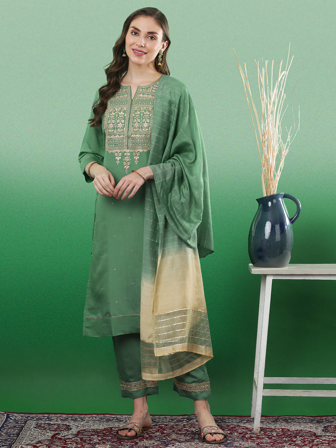 Sangria Floral Yoke Design Sequinned Straight Kurta & Trouser With Dupatta