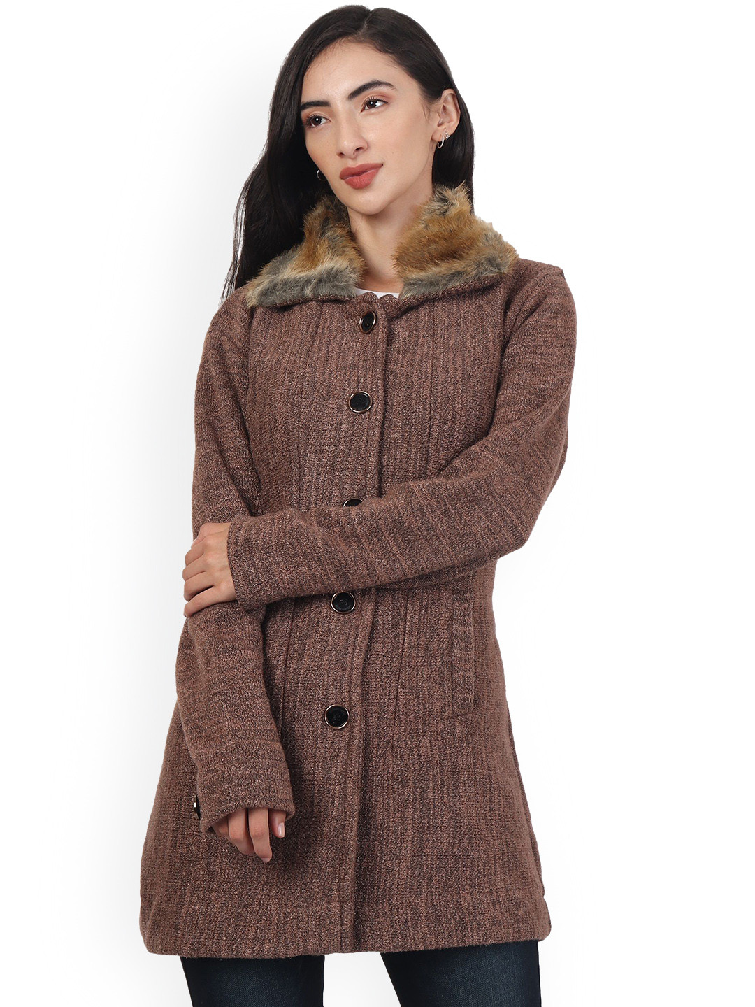 HAUTEMODA Women Wool Brown Long Sleeves Single-Breasted Overcoat