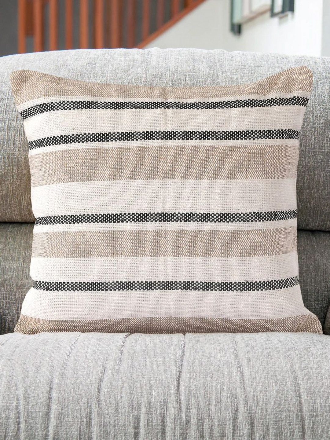 SASHAA WORLD Beige Striped Cotton Washable 2 Piece Square Cushion Covers -18x18In