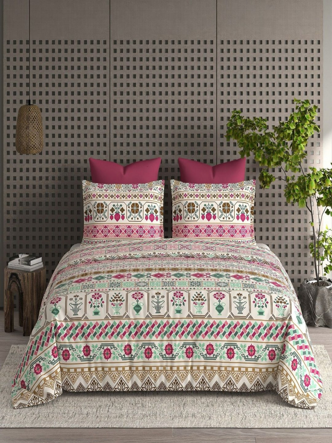 CHICERY White Graphic Cotton 210 TC King Fine Bedsheet with 2 Pillow Covers-274.32 x 274.32 cm