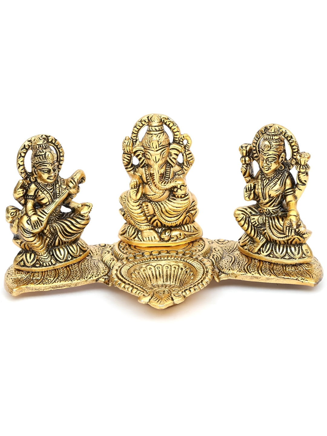 Navyaksh Lakshmi Ganesh Saraswati Gold Brass Metallic Living Room Set of 2 Small Showpieces - 3.1 Inches