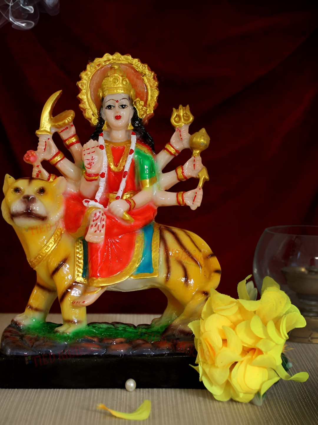 Navyaksh Goddess Maa Durga Devi Gold Metal Metallic Prayer Room Small Showpiece - 3.1 Inches