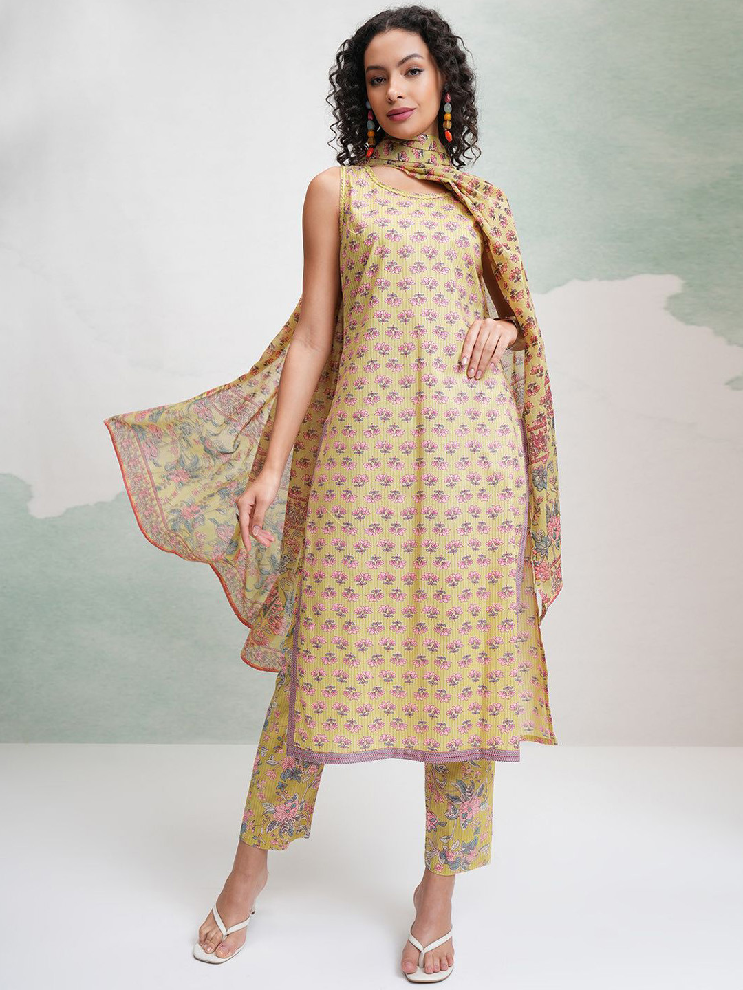 Vishudh Lime Pink Floral Printed Pure Cotton Straight Kurta with Trousers & With Dupatta