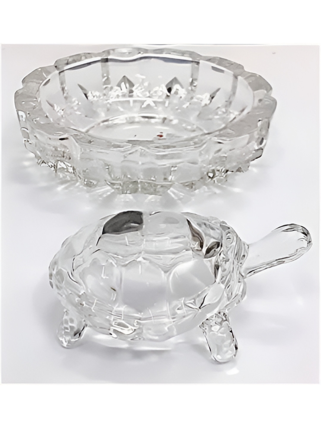 Navyaksh Crystal Turtle Tortoise with Plate White Crystal Glossy Prayer Room Set of 2 Small Showpieces - 3.1 Inches