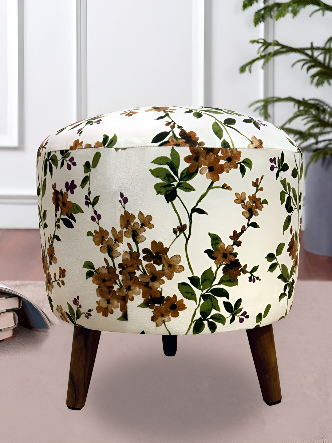 GLOBALLY INDIAN White & Green Printed Knitted Round Puff Ottoman