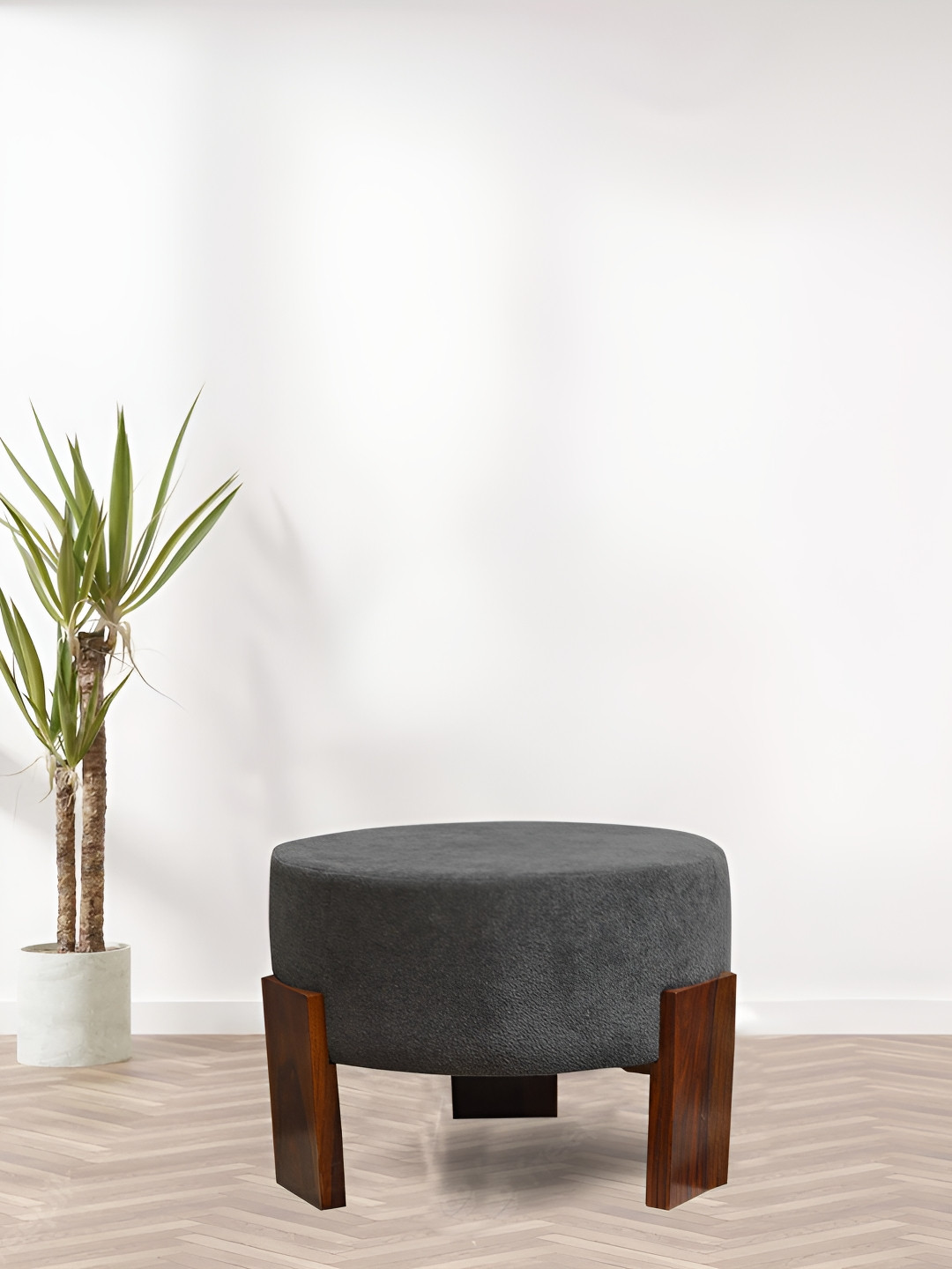 GLOBALLY INDIAN Grey & Brown Wooden Round Ottoman
