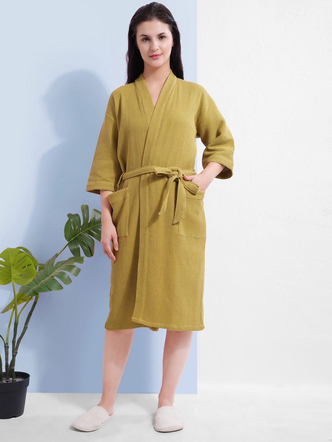 HotGown Waffle Lime Green Self Design Cotton Drawstring Knee Length Bath Robe-S