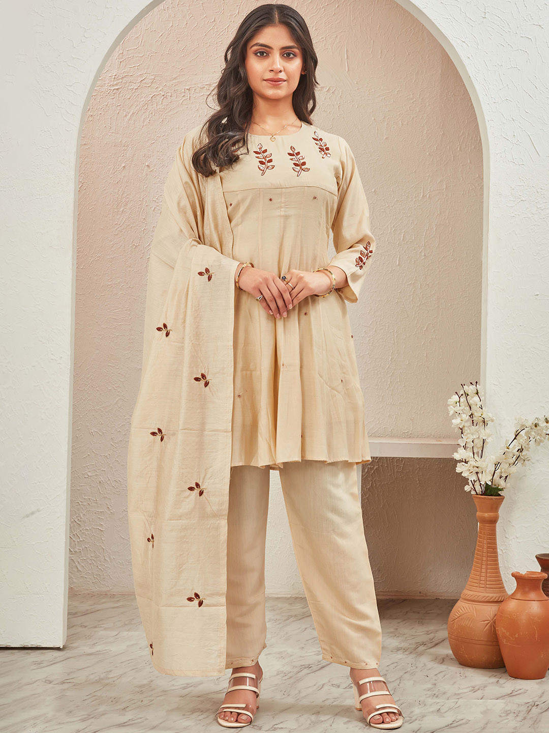 TWINS LADY Floral Embroidered Chanderi Silk A-Line Kurta with Trousers & With Dupatta