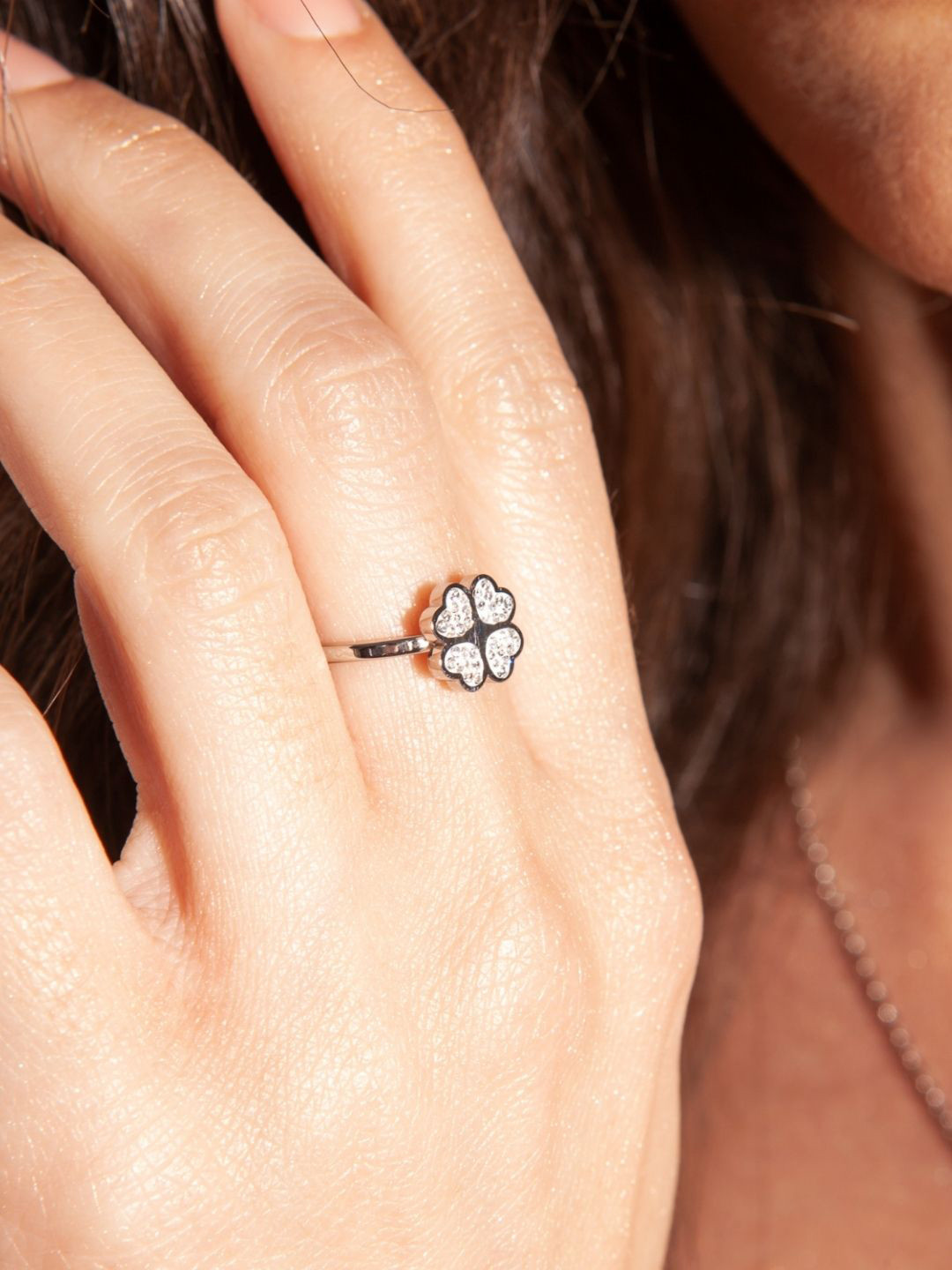 HighSpark 925 Sterling Silver Cubic Zirconia Studded Clover Adjustable Finger Ring