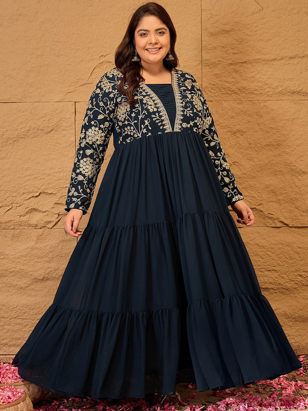 INDDUS PLUS Floral Printed Embroidered A-Line Maxi Ethnic Dresses