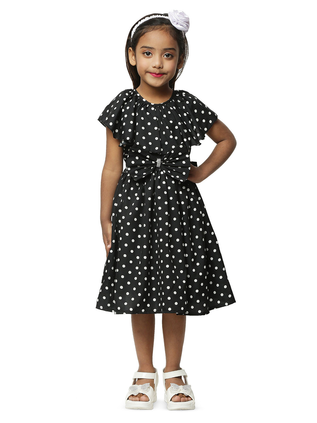 Wish little Girls Polka Dots Printed Bow Detail Fit & Flare Dress