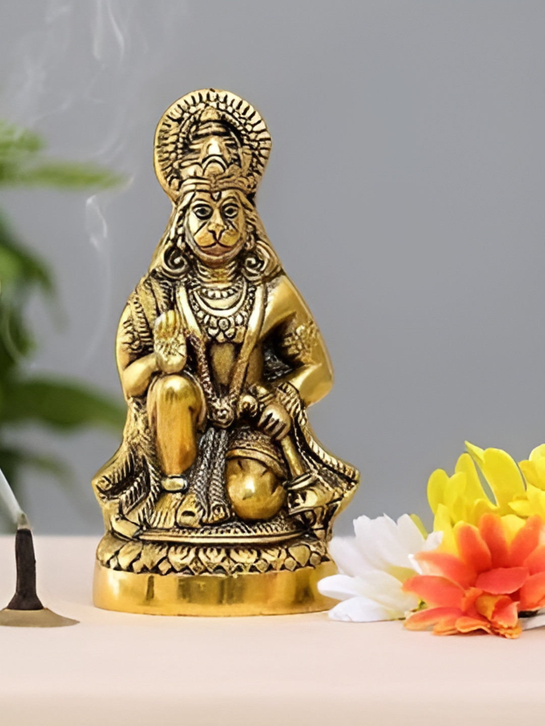 Navyaksh Hanuman Ji Murti Gold Brass Metallic Prayer Room Small Showpiece - 3.1 Inches