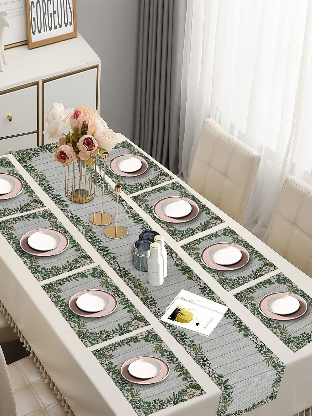 PRAKARTIK Set of 9 Green & Grey Printed Cotton Dining Table Linen Set With Runner