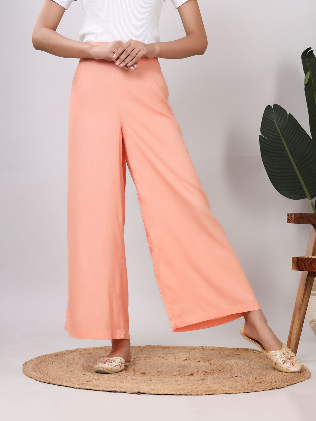 Chandbaali Women Rayon Solid Straight Palazzo, Peach