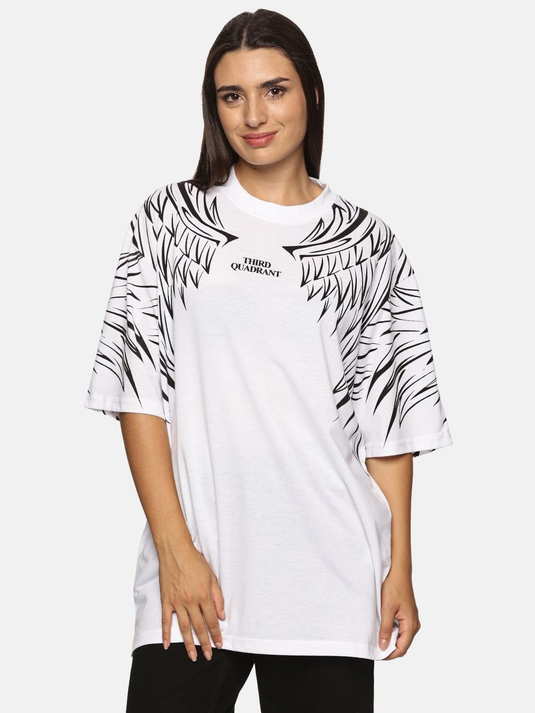 THIRD QUADRANT Women Floral Checked Drop-Shoulder Sleeves Monochrome Cut Outs T-shirt