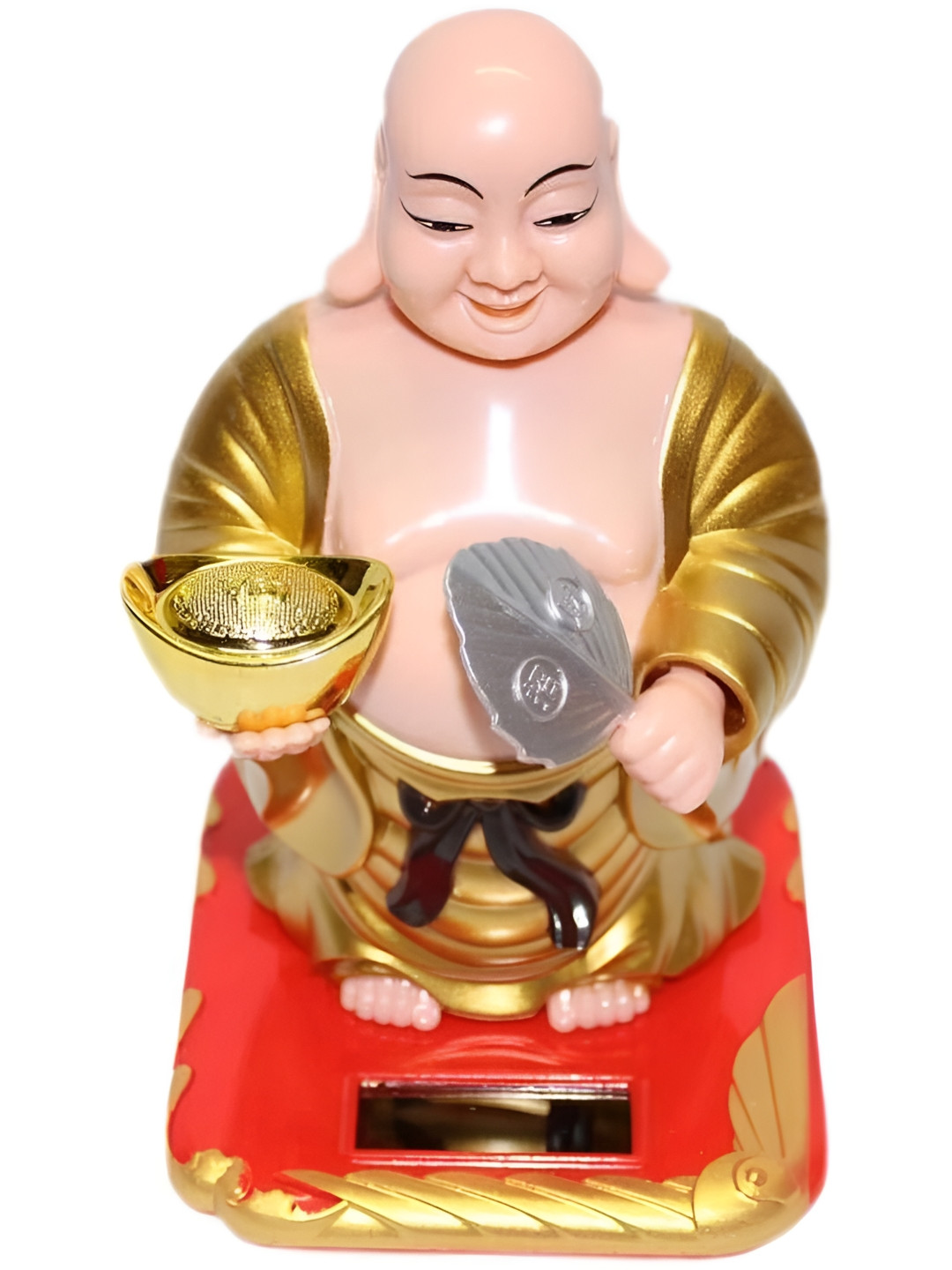 Navyaksh Laughing Buddha Holding ingot Gold Metal Metallic Living Room Small Showpiece - 3.1 Inches