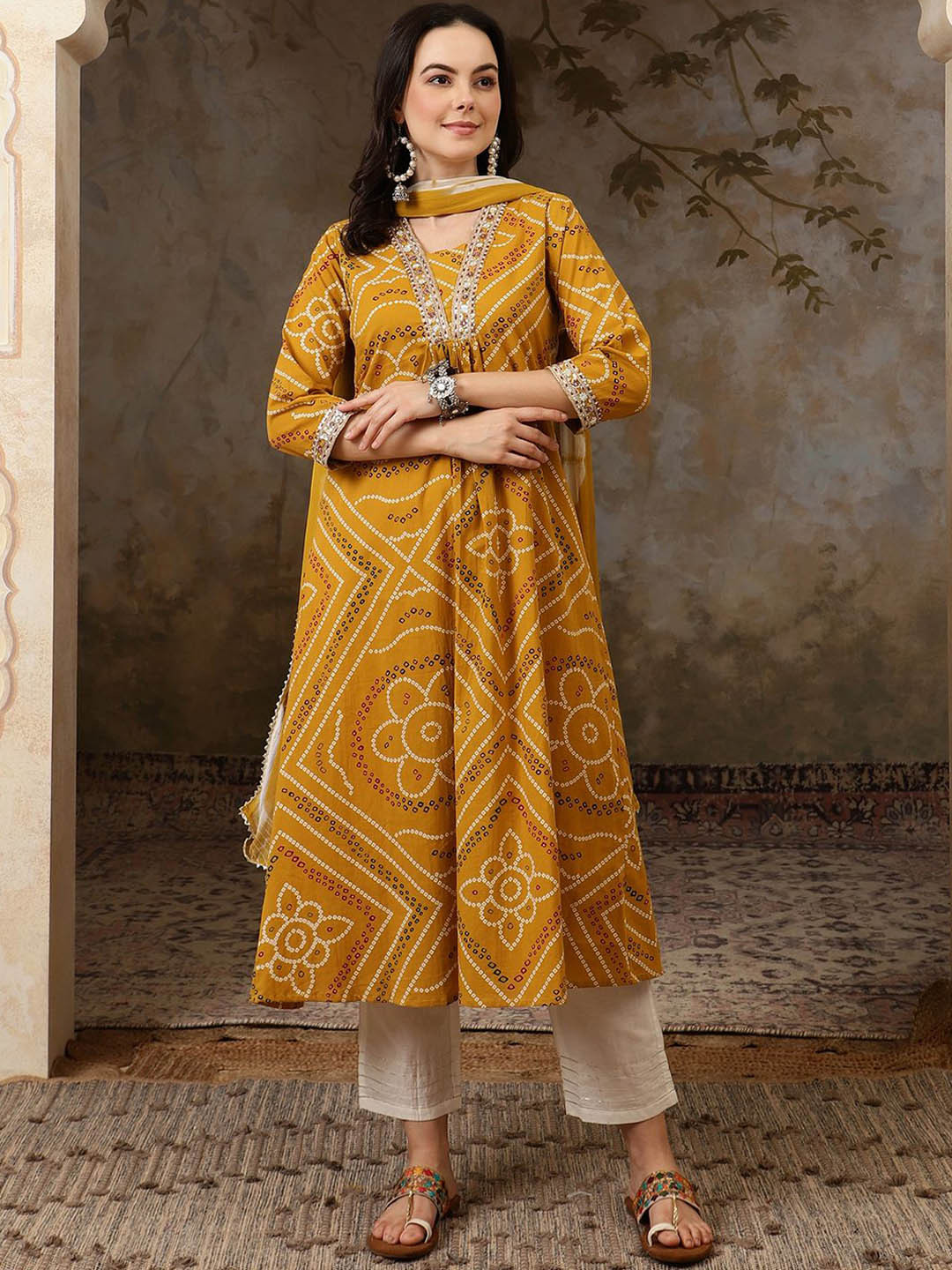 Sangria Yellow Bandhani Printed Pure Cotton Anarkali Kurta With Trousers & Dupatta