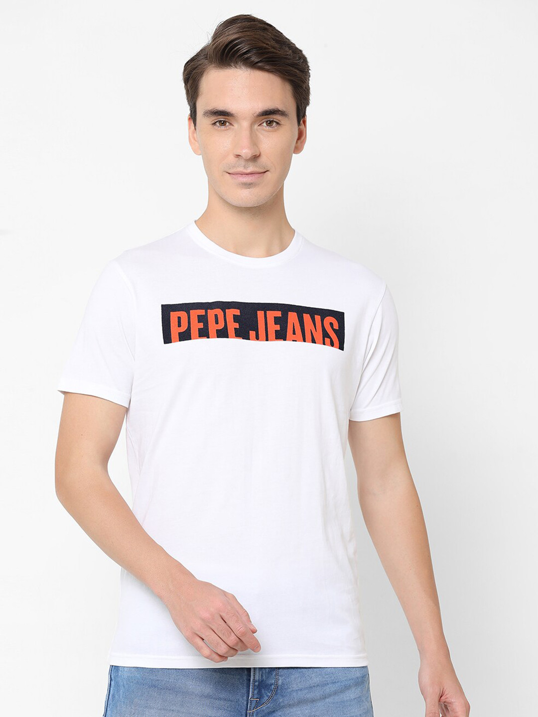 Pepe Jeans Men White & Orange Brand Logo Printed Slim Fit Pure Cotton T-shirt